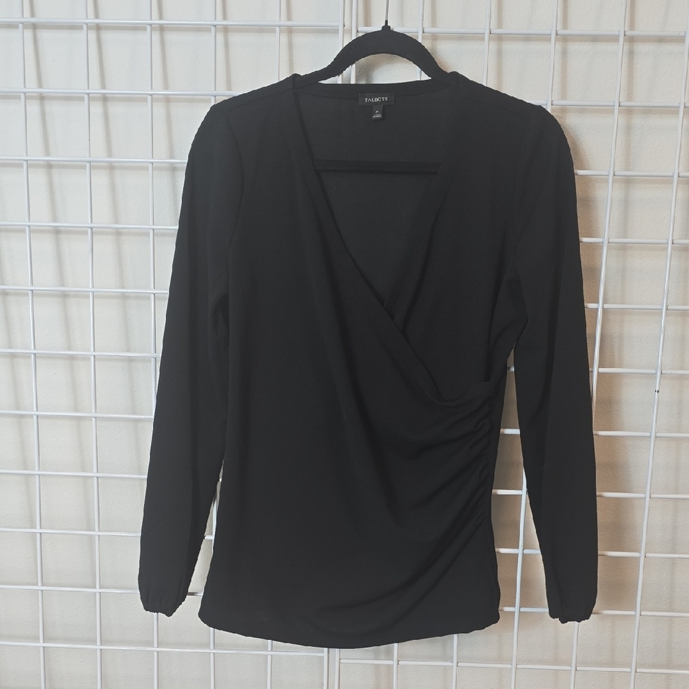 Talbots Black Long Sleeve Wrap‎ V Neck Blouse Size Medium